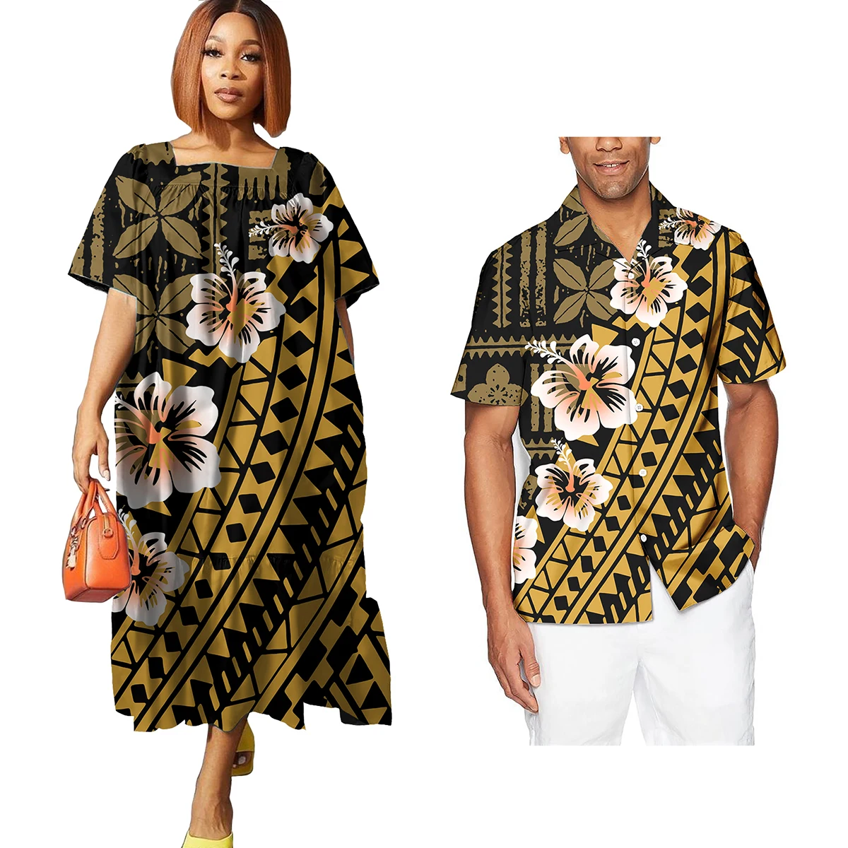 Polynesian Tribal Couple Matching Outfits 2pcs Samoan Puletasi Tapa Flower Pattern Party Dresses Sexy Women Cocktail Dress