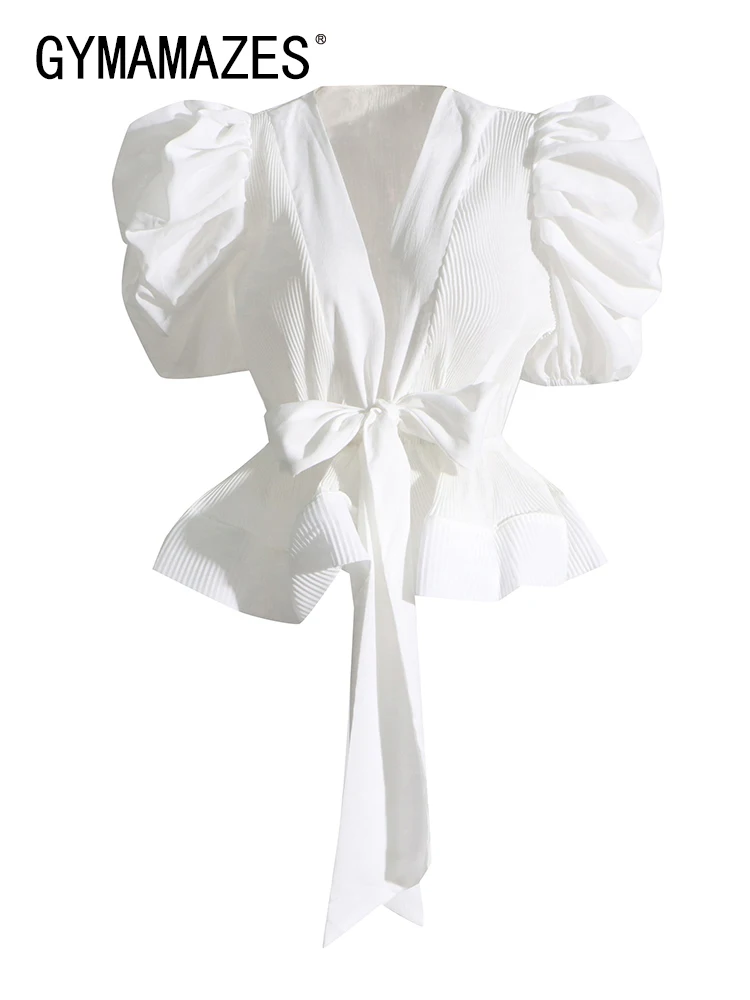 

GYMAMAZES Solid Spliced Lace Up Blouses For Women V Neck Puff Sleeve Tunic Temperament Elegant Shirts Female Fashion Clothing