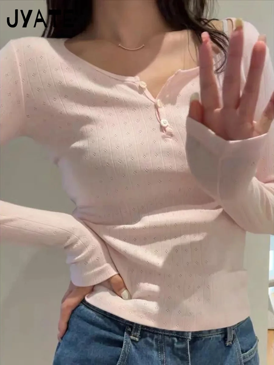 

Sweet Pink Hollow Out Long Sleeve Tees Women Summer O-neck Buttons Cotton Slim Sexy Tops Female Cute Vintage Chic Y2K T-shirts