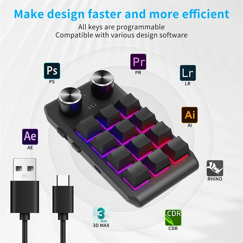 

USB Macro Custom Mini Keyboard 12 Keys 2 Knob Programming DIY Mechanical Keyboard Gaming Drawing Switch Hot-swap RGB Keypad