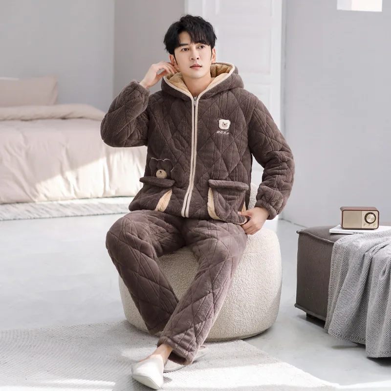 

Three Layer Cotton Pajamas For Men's Autumn And Winter New Warm Coral Velvet Plush Thickened Hooded Home Clothing Set Long Sleev