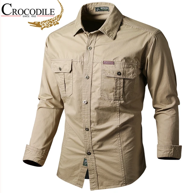 Crocodile Cargo Work Shirts Mens Cotton Military SWAT Shirts Men Long  Sleeve Soldier Casual Shirt Male