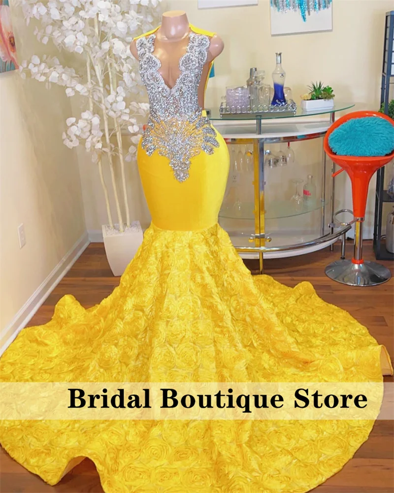 

New Diamonds Yellow Prom Dresses For Black Girls Crystal Beading Rhinestones Ruffles Wedding Reception Birthday Party Dress