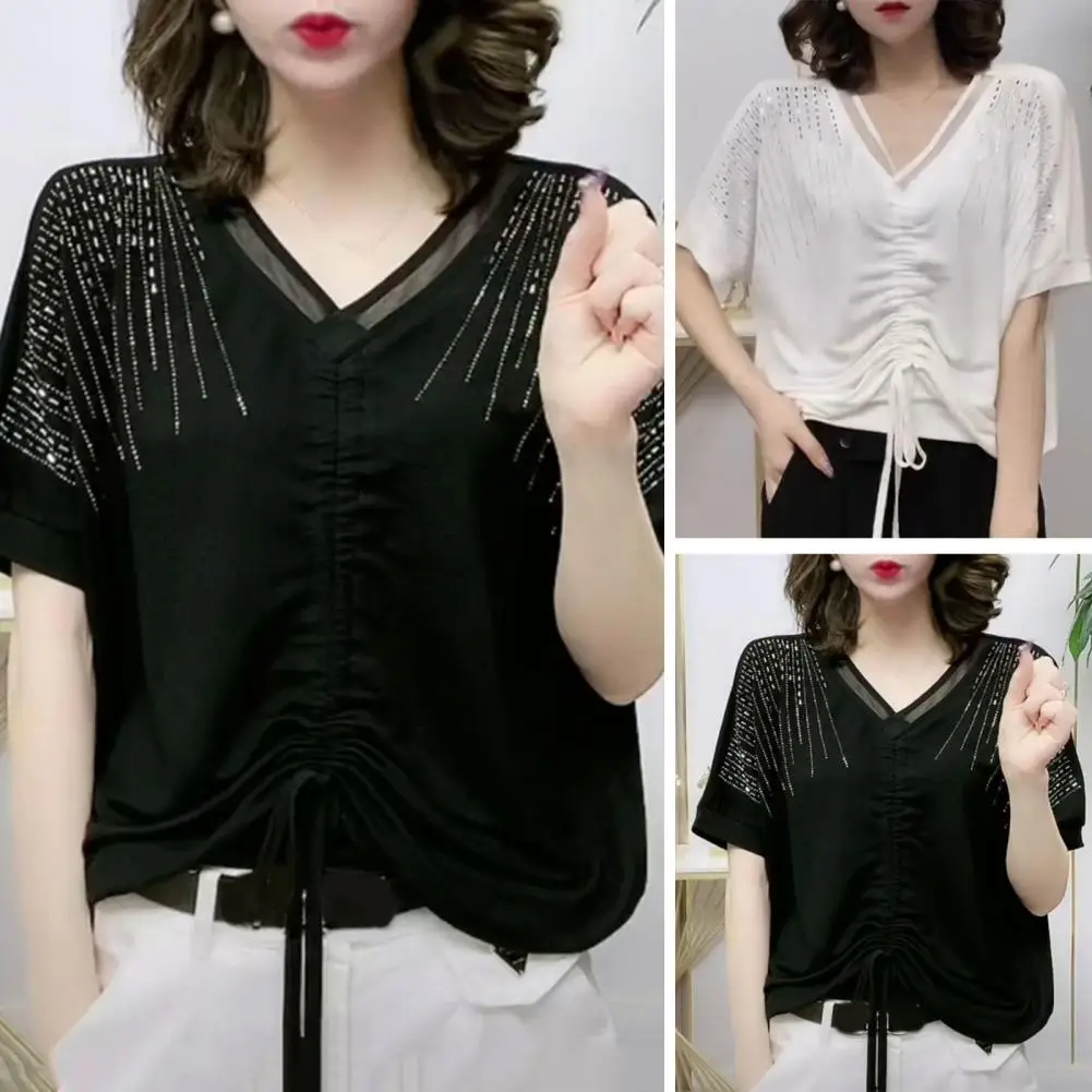 

2023 повседневная женская футболка с коротким рукавом и V-образным вырезом, летняя однотонная свободная футболка с кулиской, украшенная бусинами, уличная одежда
