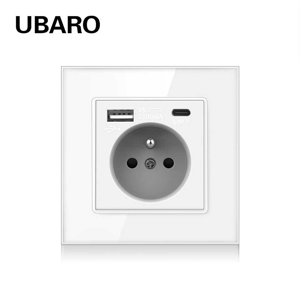 Tomada de Parede 110250v 16a do Painel de Vidro Temperado Branco da Tomada da Casa Padrão de Ubaro França com Tomada Elétrica de Usb tipo c