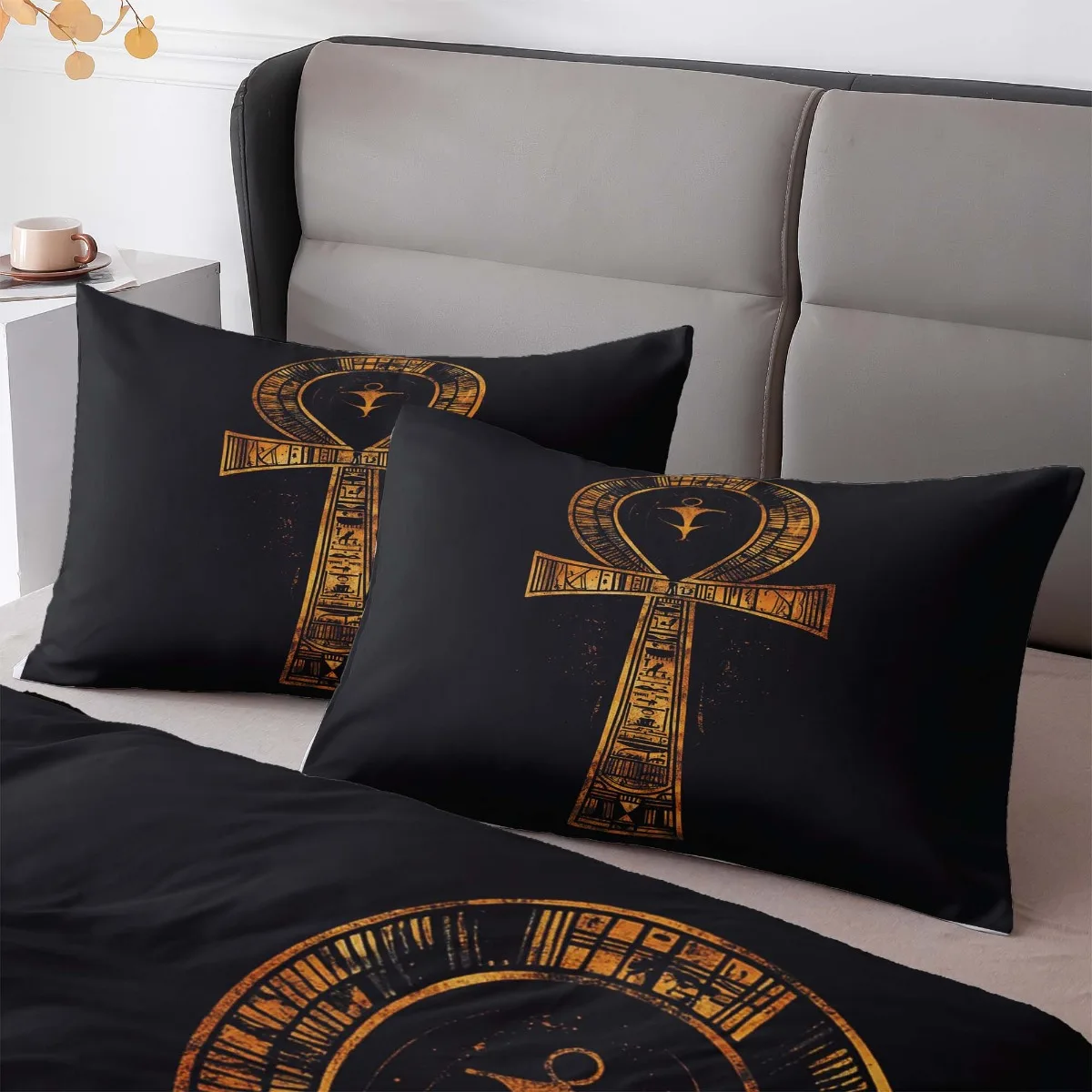 3Pcs Egyptian Ankh Cross Duvet Cover Set, Black Golden Digital Print Polyester Bedding with Pillowcases, Zipper Closure