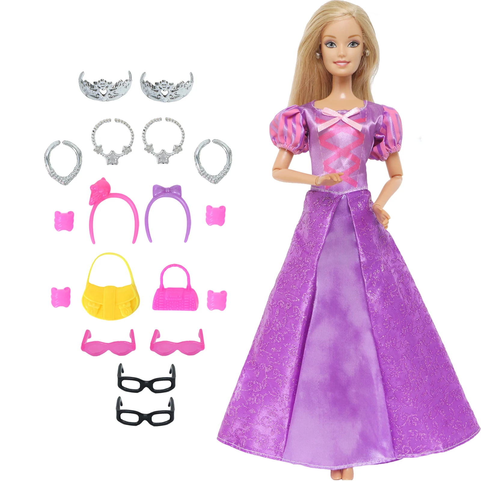 14 Pcs / Lot = 1x Fairy Tale Doll Dress + 13x Random Accessories Shoes Handbag Glasses Clothes for 11.5'' Doll Girl Baby Toys