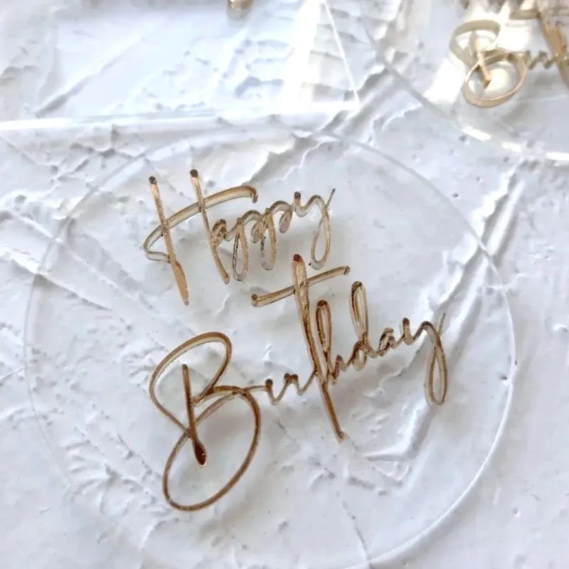 Handwriting Happy Birthday Cake Toppers Golden Acrylic Birthday Cake Topper for Kids Party Decorations