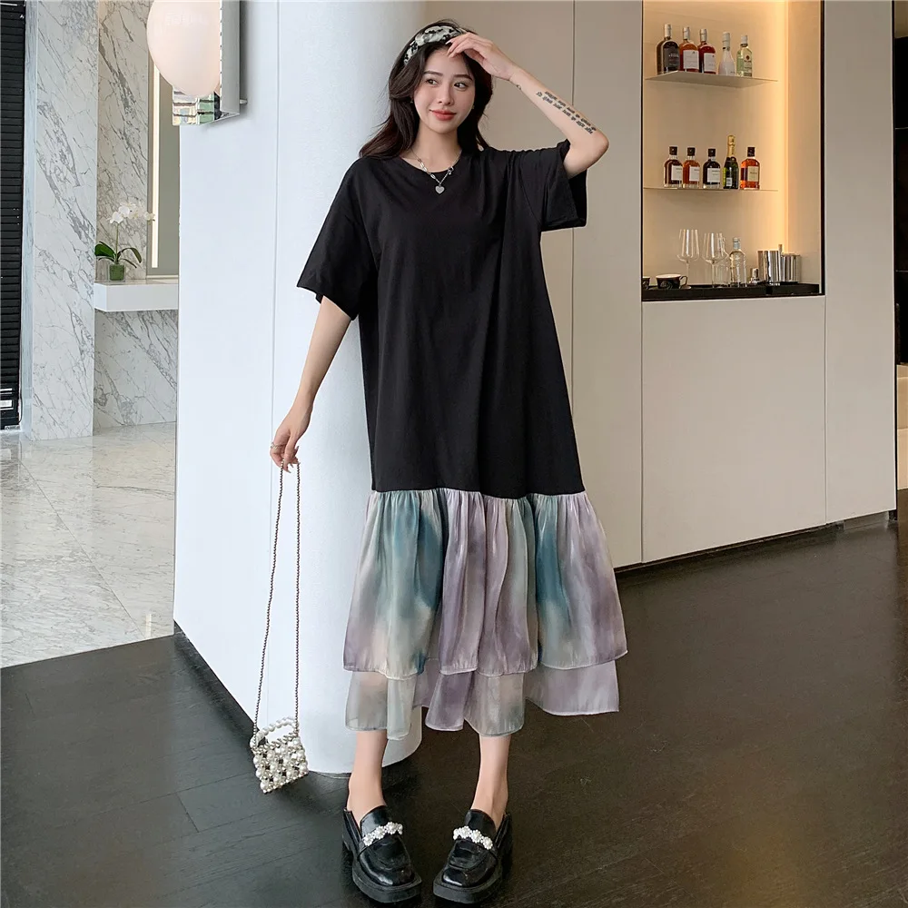 

Женское свободное платье с коротким рукавом, летнее платье большого размера с принтом в стиле пэчворк, 2024