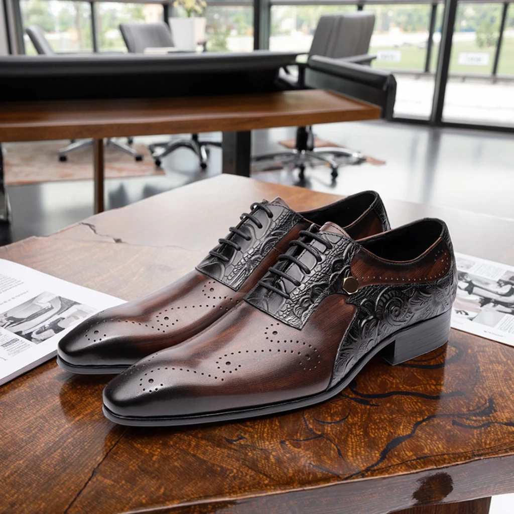 Mens Wedding Dress Brogue Genuine Leather Lace-up Latest Design Fashion Color Match Handmade Leather Man Pointed Dress Shoes