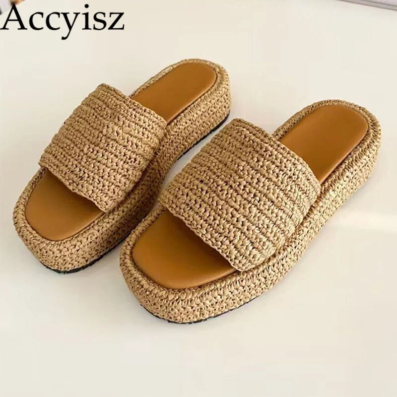 

2023 Straw Rope Weave Slippers Women Sandalias Open Toe Summer Monochrome Thick Soled Casual Shoes Ladies Outdoor Vacation Shoes
