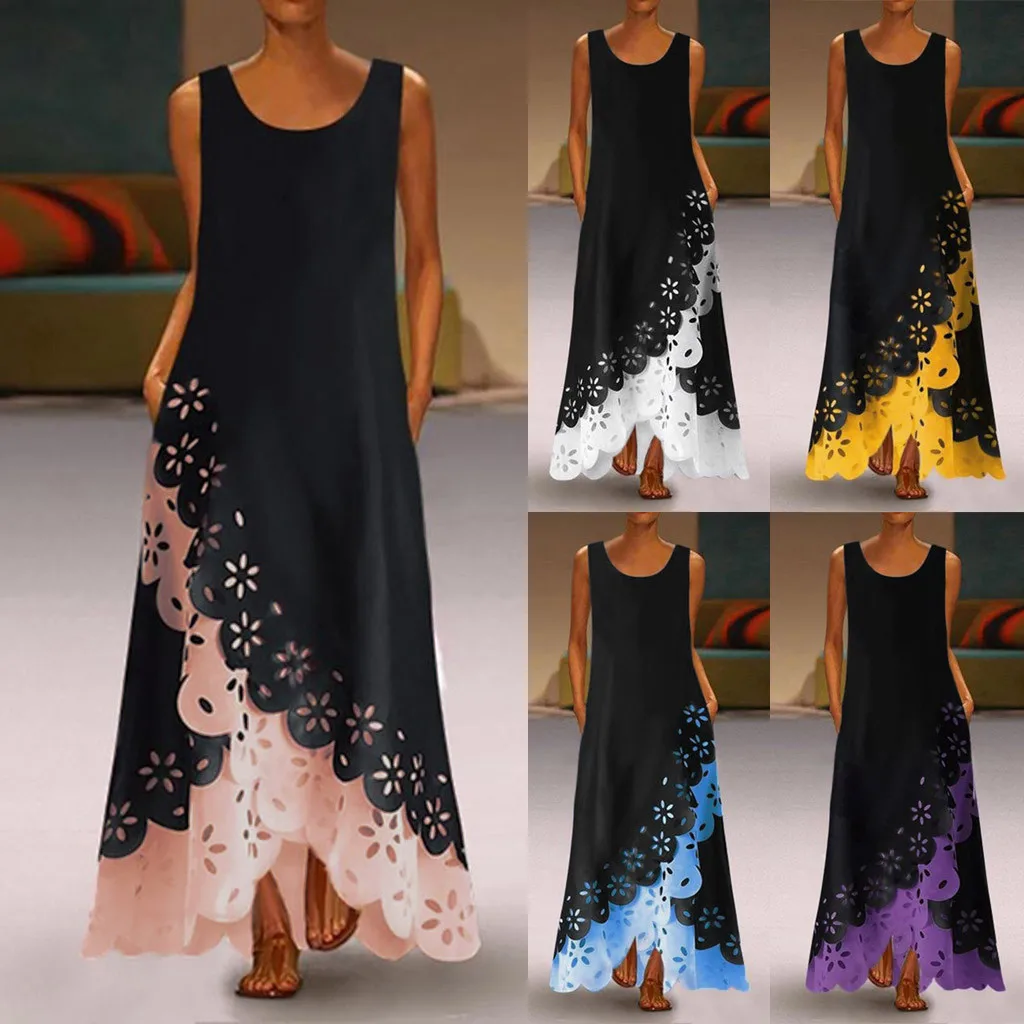 

Women'S Sleeveless Print Round Neck Long Dress Bohemian Beach Shirt Dress Multicolor Loose Plus Size Dress Elegant