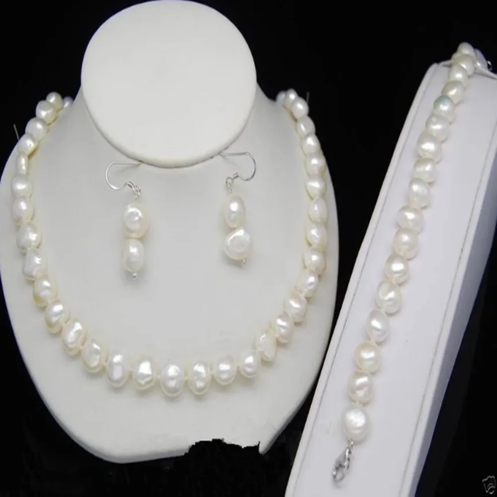 

Hand made 9-10mm white freshwater baroque pearl necklace bracelet earring set for women fashion jewelry