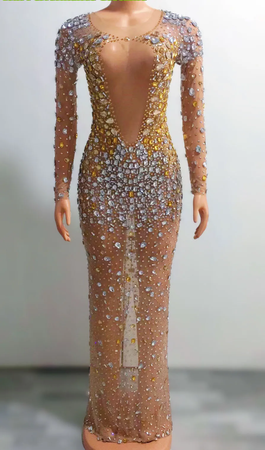 

New High-Definition Sexy Gold Rhinestones Mesh Long Dresses Women Birthday Clothing