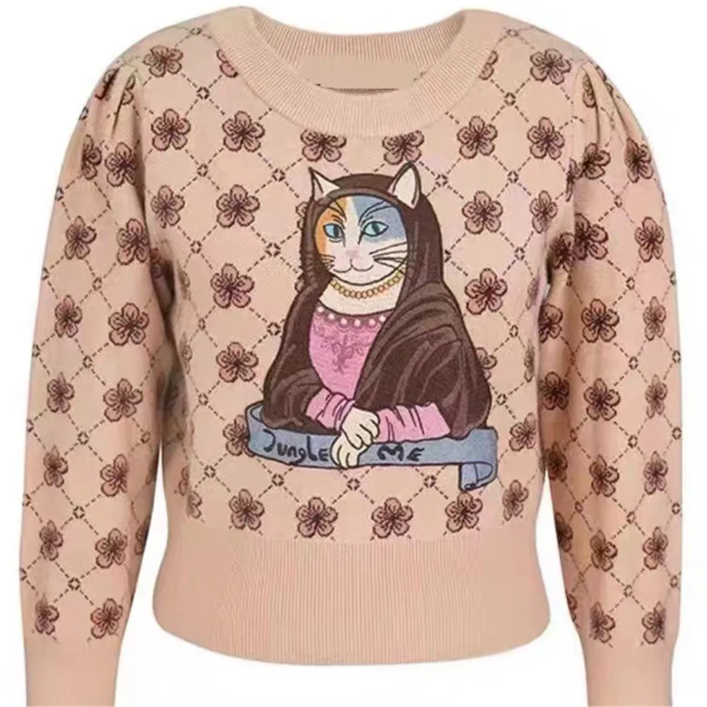 

2023 Retro Palace Style Explosive Plaid Sweater Flower Knit Top Autumn And Winter Design Feeling Small Lazy Cat 079