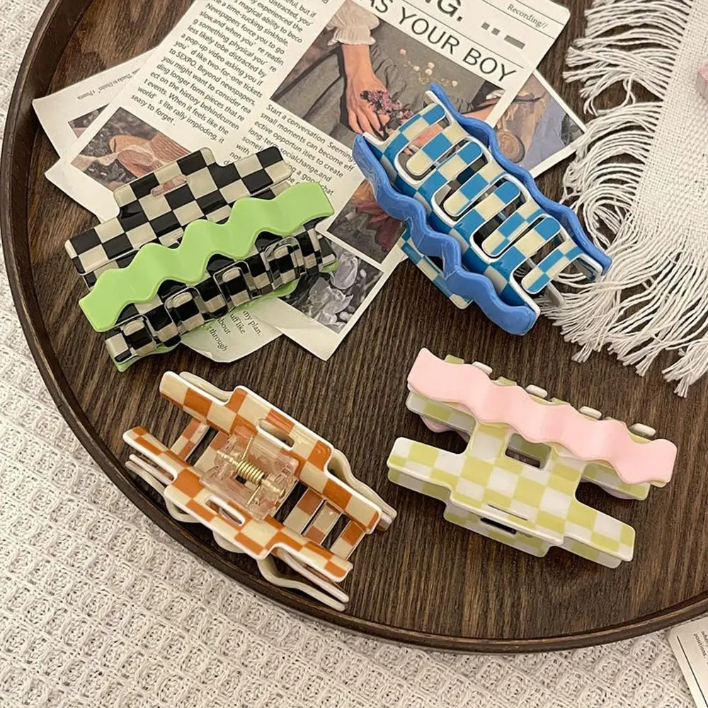 

Korean Colorful Checkered Acetate Hair Claw for Women Cute Wave Stripe Plaid Shark Clip Hair Clip Crab Clip Hair Accessories