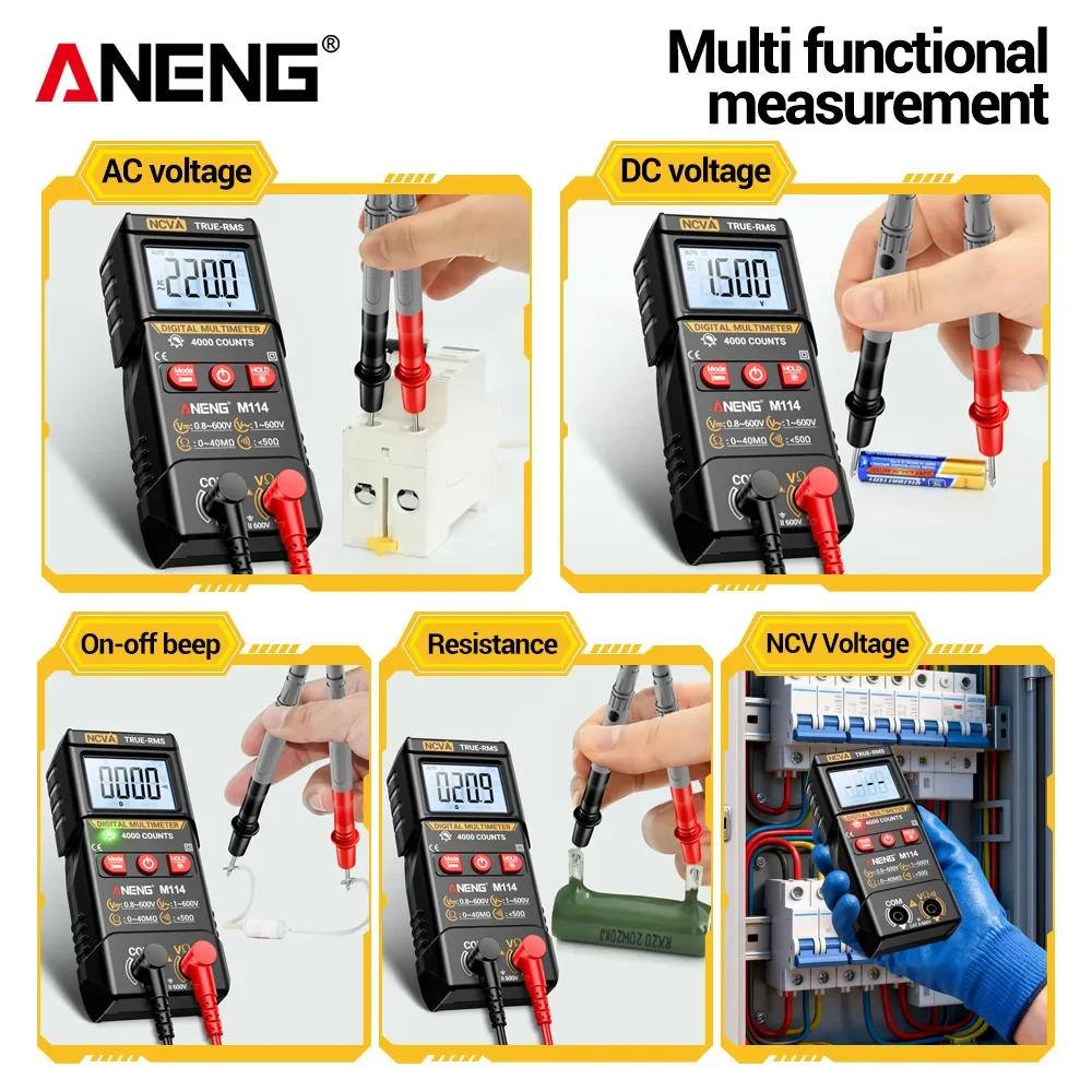 Multimètre numérique ANENG M114 4000 comptes avec pince ampèremétrique et accessoires, prêt pour l'électricien et le bricolage.