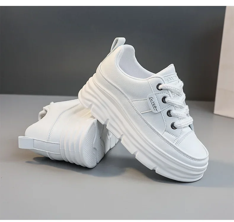White Platform Women's Casual Sneakers Lace-up Trainers_voghion.com