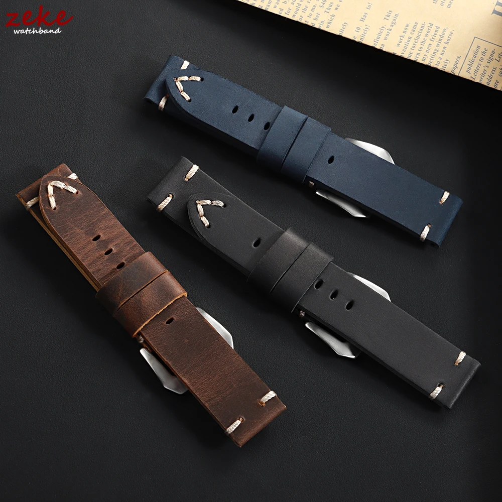 Vintage Genuine Leather Cowhide Watch Band - Soft Stitching Crazy Horse Calfskin Bracelet