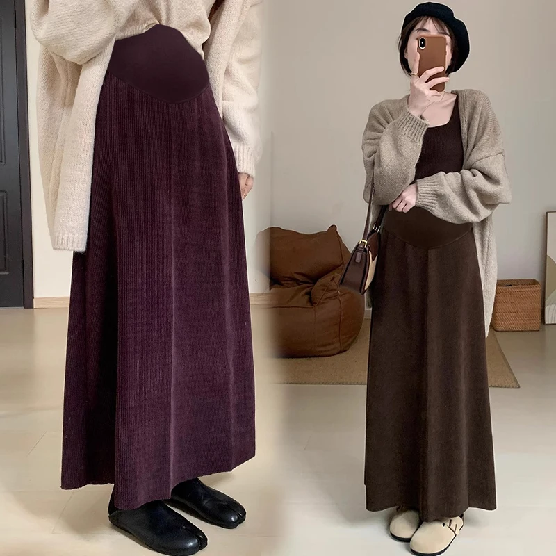 Winter Maternity Belly Skirts with Pockets Long Loose Pregnant Woman Corduroy Umbrella Skirt Floor-length Pregnancy Party Skirt