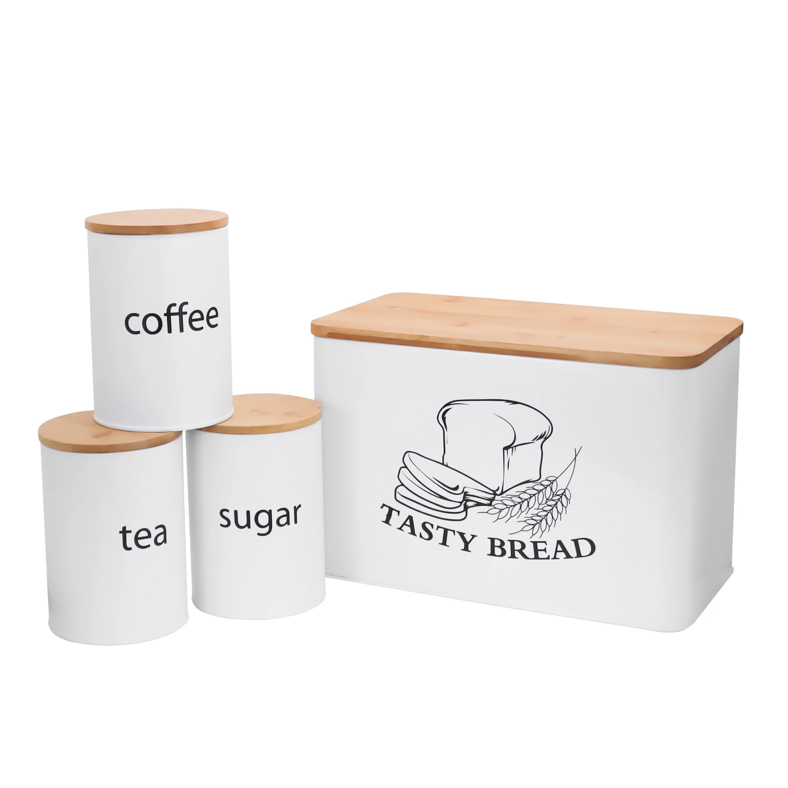 KitchenBreadBinwithBambooBoardCoverCoffeeSugarTeaJar