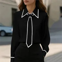Women's Blouse Fashion Shirt Formal Bow Tie Long-sleeve Contrasting Trim Tops Slim-fit Workwear Elegant Office Lady Shirts Women - Image 4
