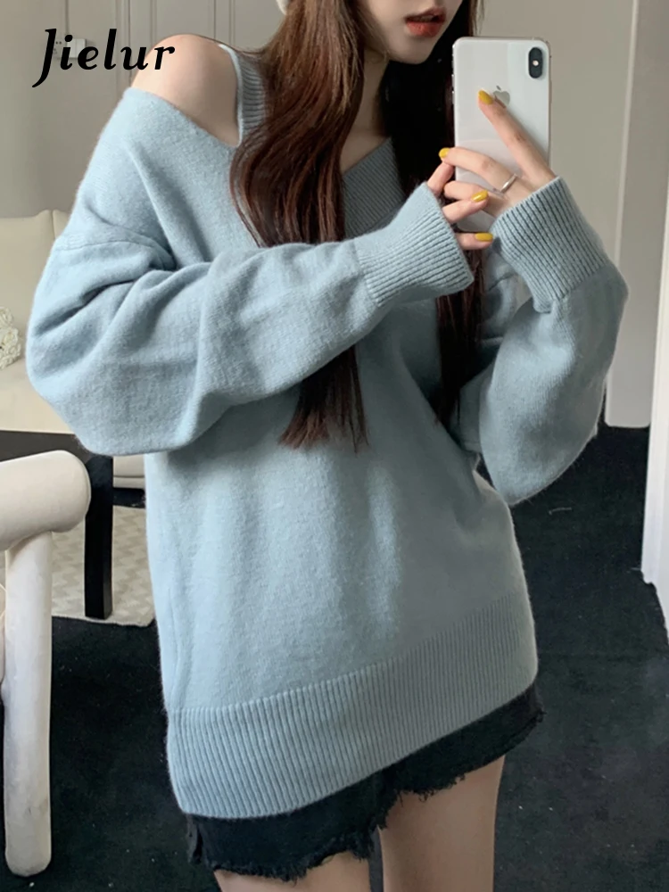 

Jielur свитер муж модный обнажённый v воротник длинный рукав осень синий абрикос серый трикотаж