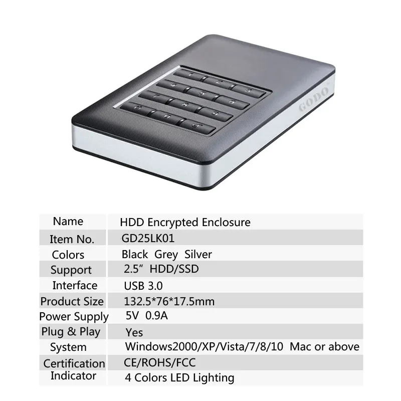 HDD 박스 AES-256 군용 하드웨어, 새로운 칩 암호화 SATA II to USB3.0, 나사 없는 HDD 인클로저 SSD 케이스, 2.5 인치 하드 디스크용