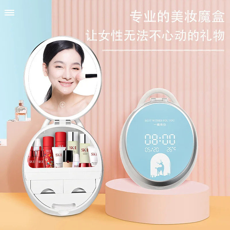 

Online celebrity cosmetic storage box with LED time display cosmetic mirror creative desktop dust-proof skin care dressing table