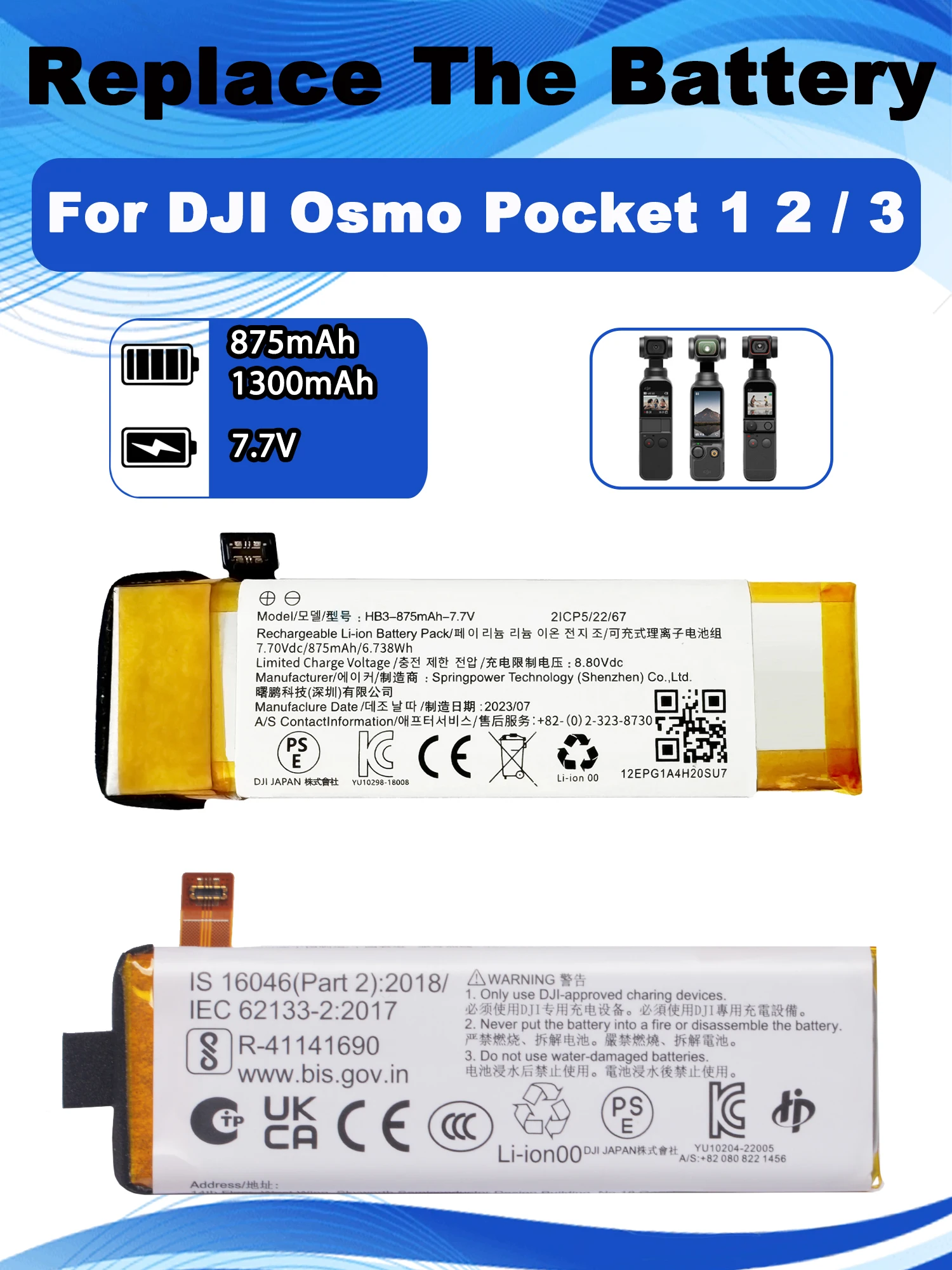 Replacement Battery 7.7V 875MAH For DJI Osmo Pocket 1 Pocket II 2 3 2ICP5/22/67 BHX212-1300-7.7 Camera Accessories action camera battery,rechargeable battery,camera battery