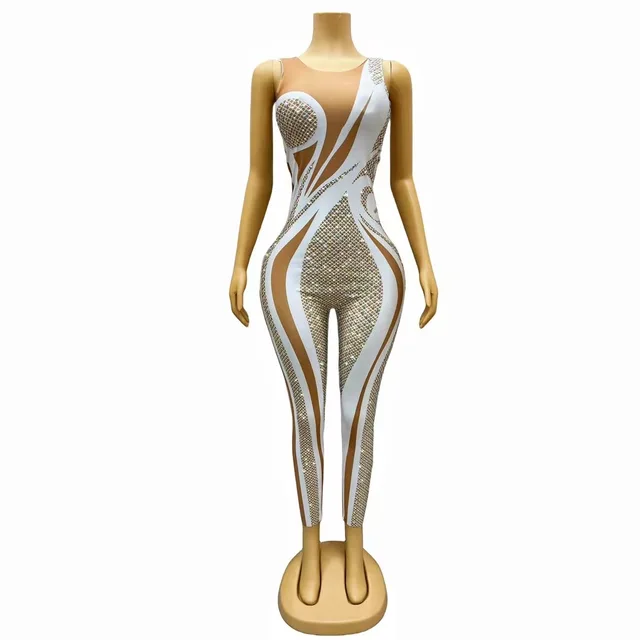 Women High Street Sparkly AB Crystals White Printed Jumpsuit Nightclub Birthday Party Stage Performance Dance Rompers Outfit 1
