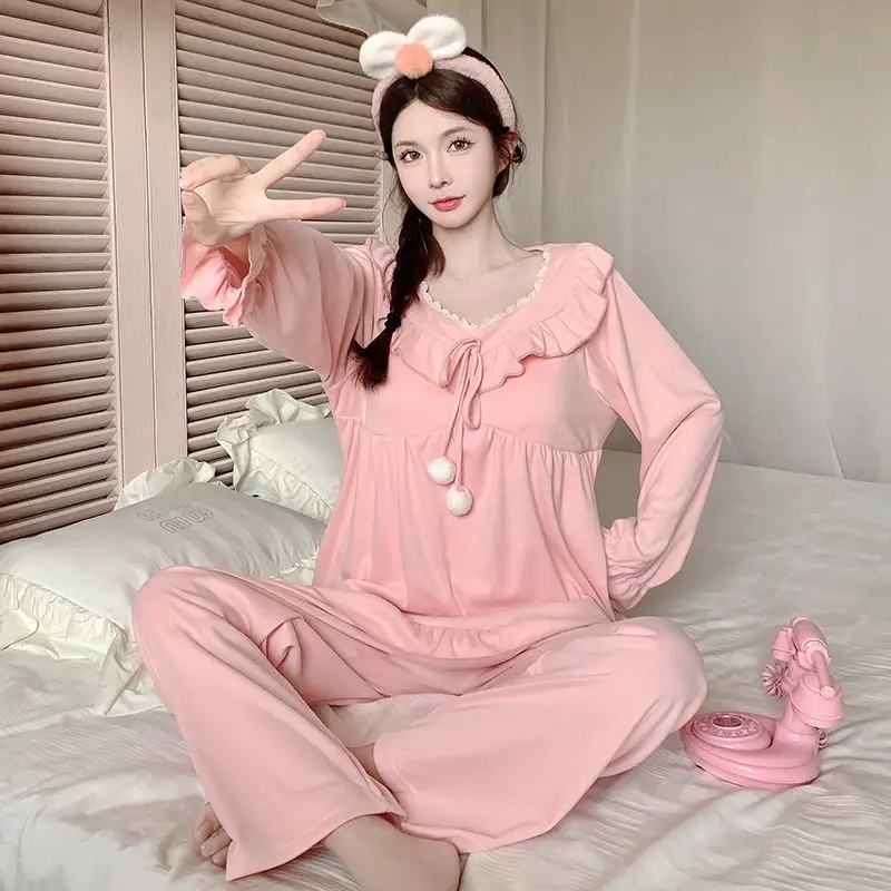 Spring Autumn New Pajamas Women's Sweet Long Sleeve with Chest Pad Home Wear Two-Piece Suit Loose Solid Color Sleepwear Set 2024