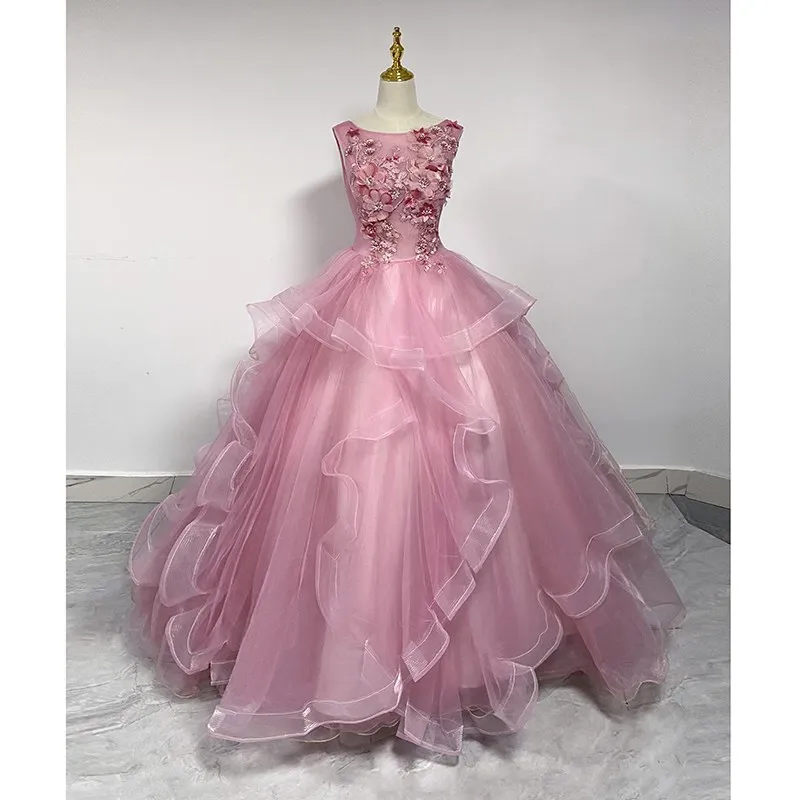 2023 New Pink Bean Quinceanera Dresses O Neck Sleeveless Party Prom Dress Simple Flower Princess Ball Gown Plus Size Custom Made