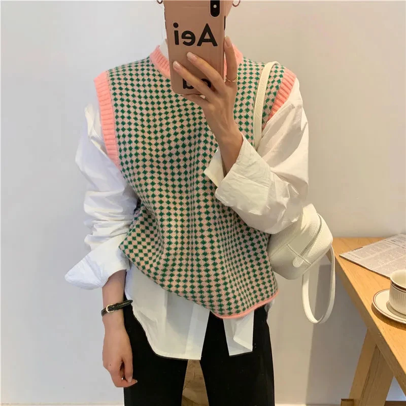 

Vintage Plaid Sweater Vest Women Patchwork Sleeveless Knitted Waistcoat Korean O Neck Casual Knitwear Harajuku Jumpers Pullovers