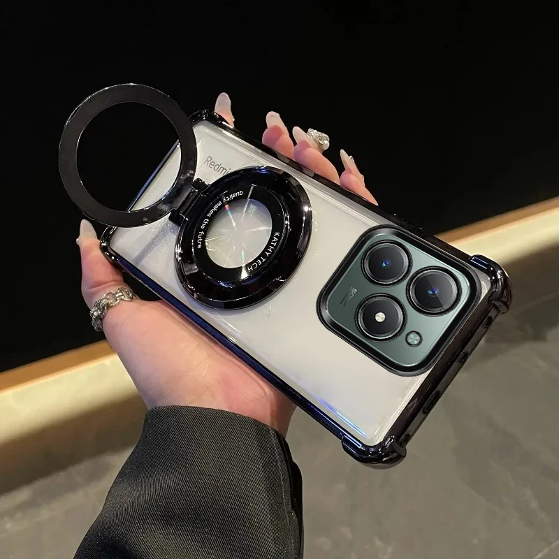 Luxury Plating Shockproof Ring Stand Case - Transparent Silicone Cover