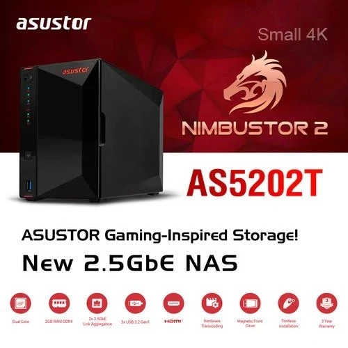 Asustor  AS5202T 2  NAS HDD/SDD Ŭ GHz   J4005, 2400 MHz DDR4 RAM, PK Synology DS 220 +, 2GB