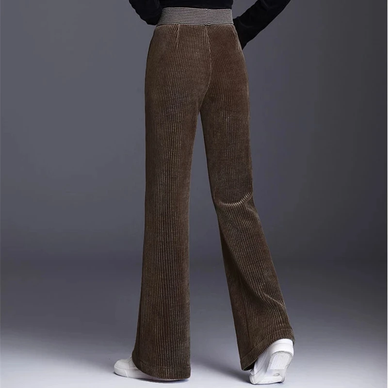 Women Patchwork High Waist Stretch Warm Pantalon Mom's Winter Corduroy Wide Leg Pants Plus Velvet Thicken Office Flare Trousers