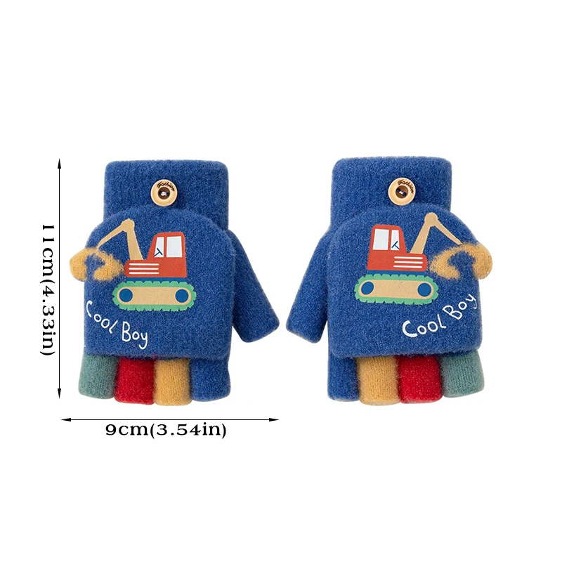 Winter Gloves Baby Mittens Cartoon Winter Gloves for Boy Cute Excavator Thick Warm Kids Half Finger Flip Mittens Outdoor Toddler Windproof Children Gloves