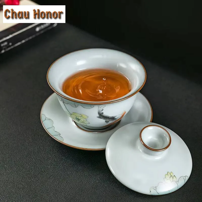 170ml Pure Handmade Ru Kiln Gaiwan Hand-painted Fish Lotus Tea Tureen Opening Tea Maker Cover Bowl Tableware Collection Gift Box