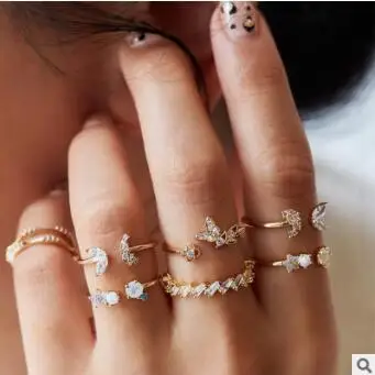 Boho Gold Color Heart Rings Set For Women Vintage Geometric Cross Pearl Butterfly Finger Rings Female Trendy Jewelry Gift