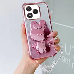 Luxury Shockproof Phone Case with Cute Rabbit Makeup Swivel Stand and Crystal Lanyard - Honor 400 Lite 5G (Pink)