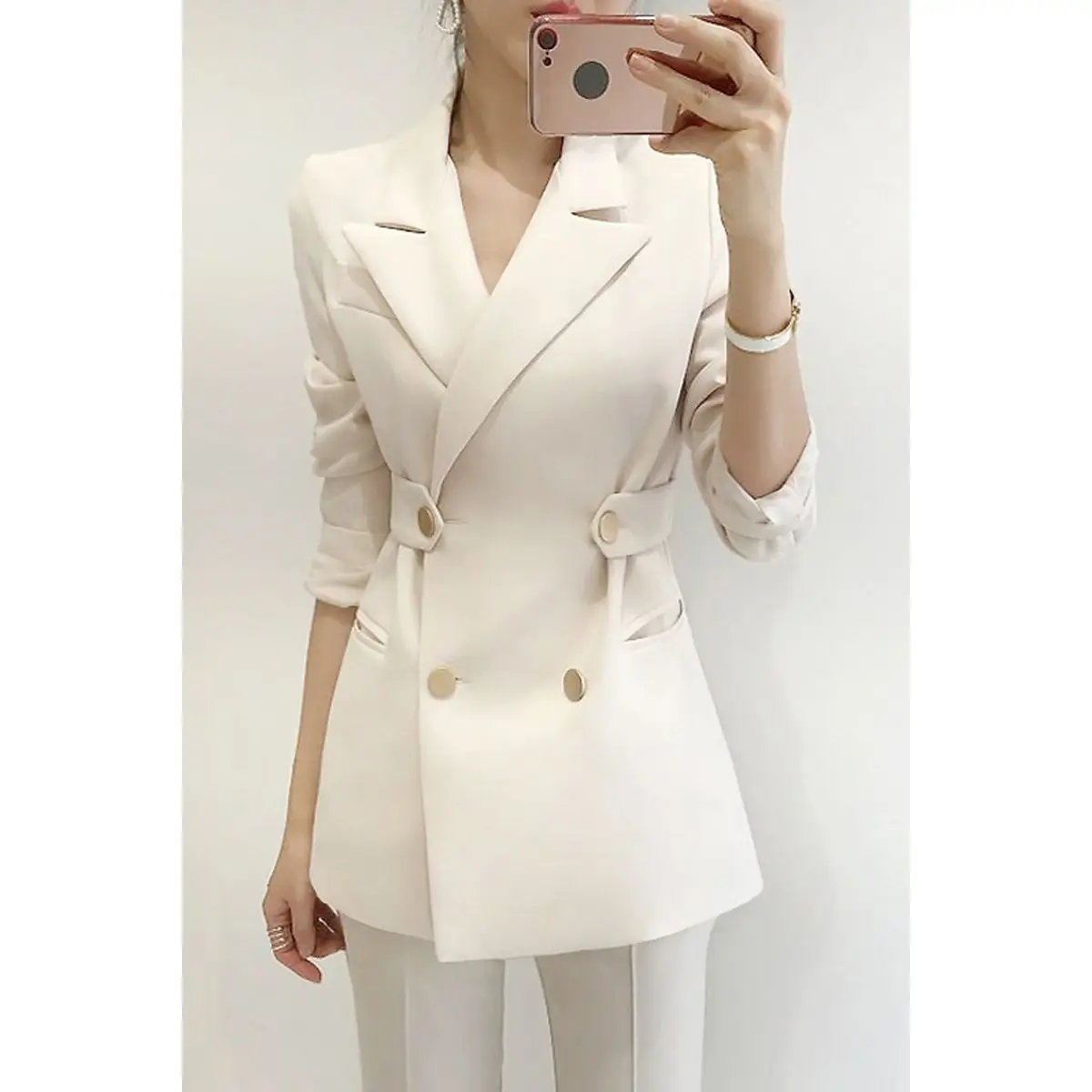 Medium  long small suit coat Women's spring  autumn season new solid color waistband thin double-breasted fashion suit top