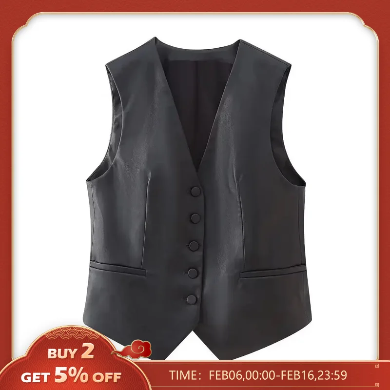 Zevity 여성용 V넥 싱글 브레스트 인조 가죽 슬림 조끼 재킷, 오피스 레이디 웨이스트코트, 가짜 포켓 상의, CT5312, 새로운 패션 