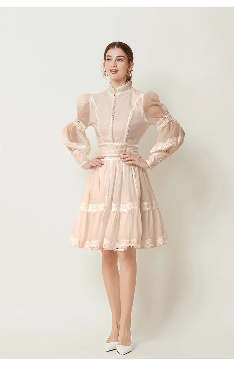 2024 French Elegant Lace Splicing Waist Lantern Sleeve Dress Vintage High Collar Princess Dress Organza Cocktail Women's Wear