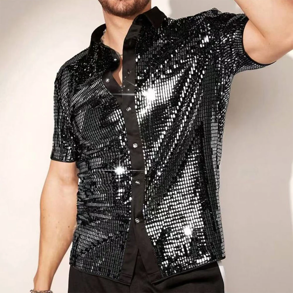 Herren Vintage 70er Disco Club Hemd Glänzende Pailletten Kurzarm Button-Down-Hemd – Detail 3