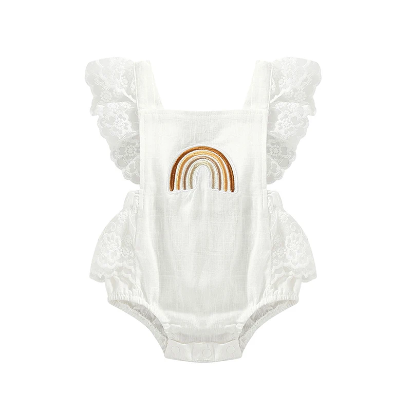 

Newborn Infant Baby Girls Romper Rainbow Print Ruffles Lace Jumpsuit Overalls Sunsuit Toddler Girl Clothing