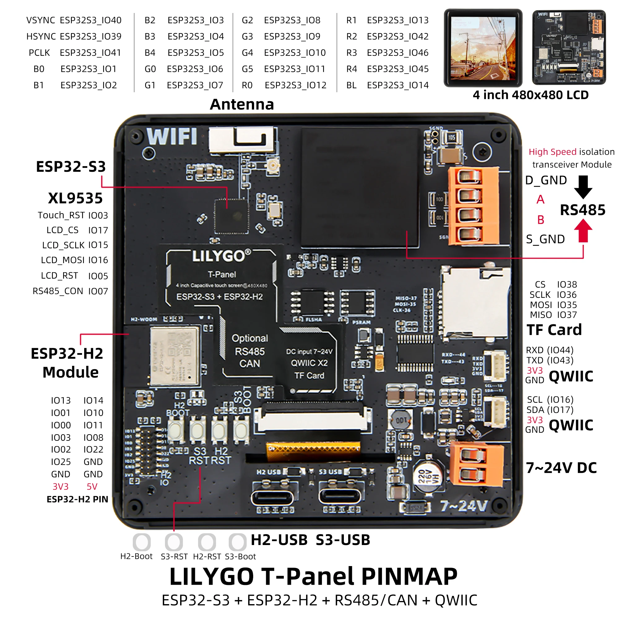 ® T-Panel-S3 ESP32-S3 ESP32-H2 Display 4.0 inch LCD Screen RS485 CAN-FD Transcei