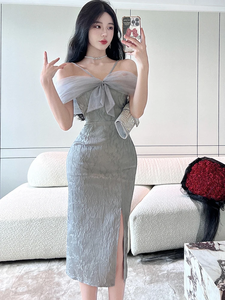 

2024 New Jacquard Patchwork Bow Mesh Midi Dress Summer Fashion Sling Dress Women Korean Elegant Bodycon Luxury Festival Dresses