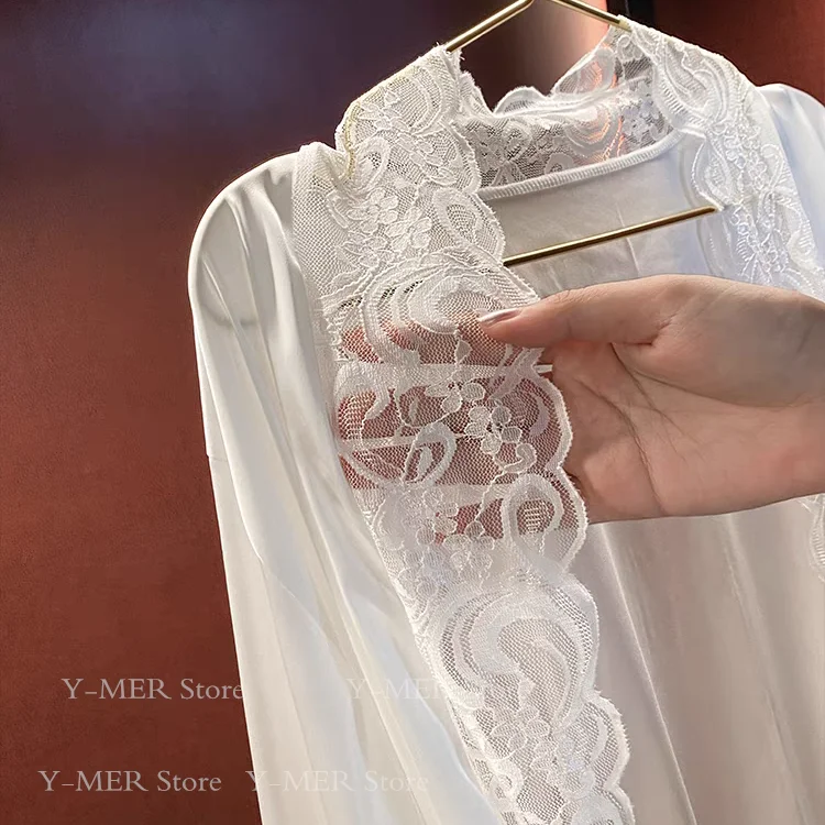 Wedding Bridal Bathrobe Big Lace Flower Nightie Wear Women Satin Kimono Long Loose Peignior Spring Autumn New Intimate Lingerie