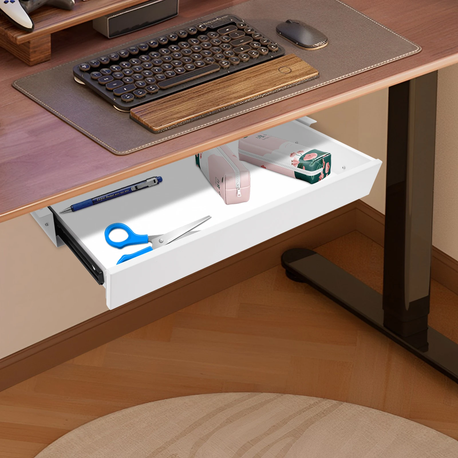 Office Keyboard Drawer Stand Slide Pull Out Adjustable Bracket Trays Slide-out Platform Slider under Desk white
